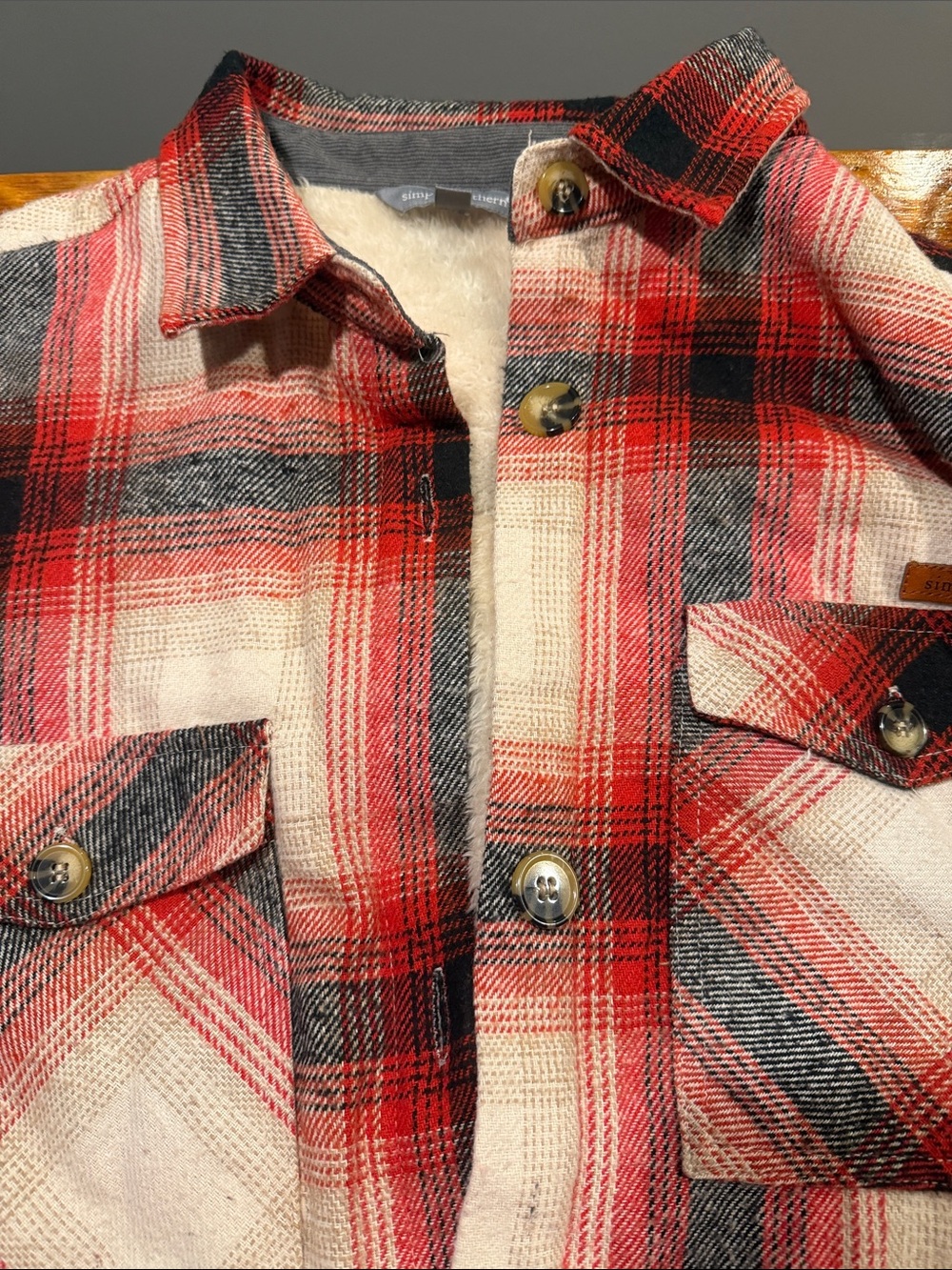 Simply Southern Red Black Cream Plaid Sherpa-Lined Button-Down Shirt Jacket
